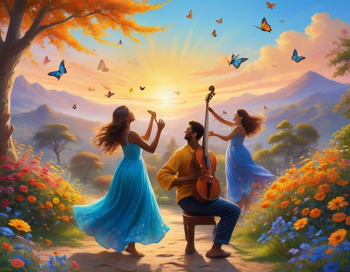 A serene landscape bathed in golden sunrise, featuring a diverse group of people laughing and engaging in joyful activities such as dancing, painting, and playing musical instruments. Surrounding them are vibrant flowers and butterflies symbolizing happiness and growth, with a clear blue sky above. The atmosphere should radiate positivity and bliss, inviting viewers to embrace joy in their lives. super-realistic. vibrant colors. soft focus.