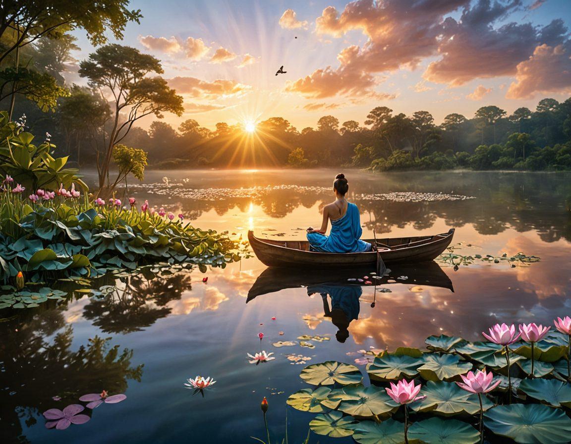 A serene landscape depicting a vibrant sunrise over a tranquil lake, with a person meditating on the shore, surrounded by blooming lotus flowers and lush greenery. Ethereal beams of light radiate from the horizon, symbolizing enlightenment and vitality. Include whimsical elements like floating butterflies and soft clouds to evoke a sense of joy and tranquility. The scene should feel harmonious and inspiring, inviting the viewer to unlock their potential. super-realistic. vibrant colors. serene atmosphere.
