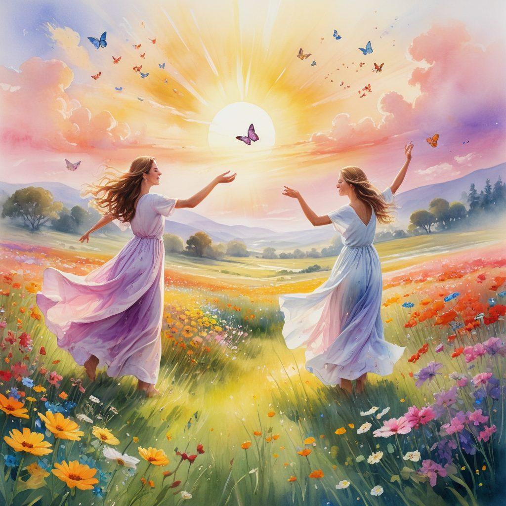 A serene landscape featuring a radiant sun rising over a blooming meadow filled with colorful flowers and butterflies, symbolizing joy and prosperity. In the foreground, a diverse group of people engaging in uplifting activities like painting, dancing, and meditation, showcasing the essence of cheerfulness. Bright, vibrant colors to evoke feelings of happiness and energy. Soft, ethereal lighting illuminating the scene. watercolor painting style.